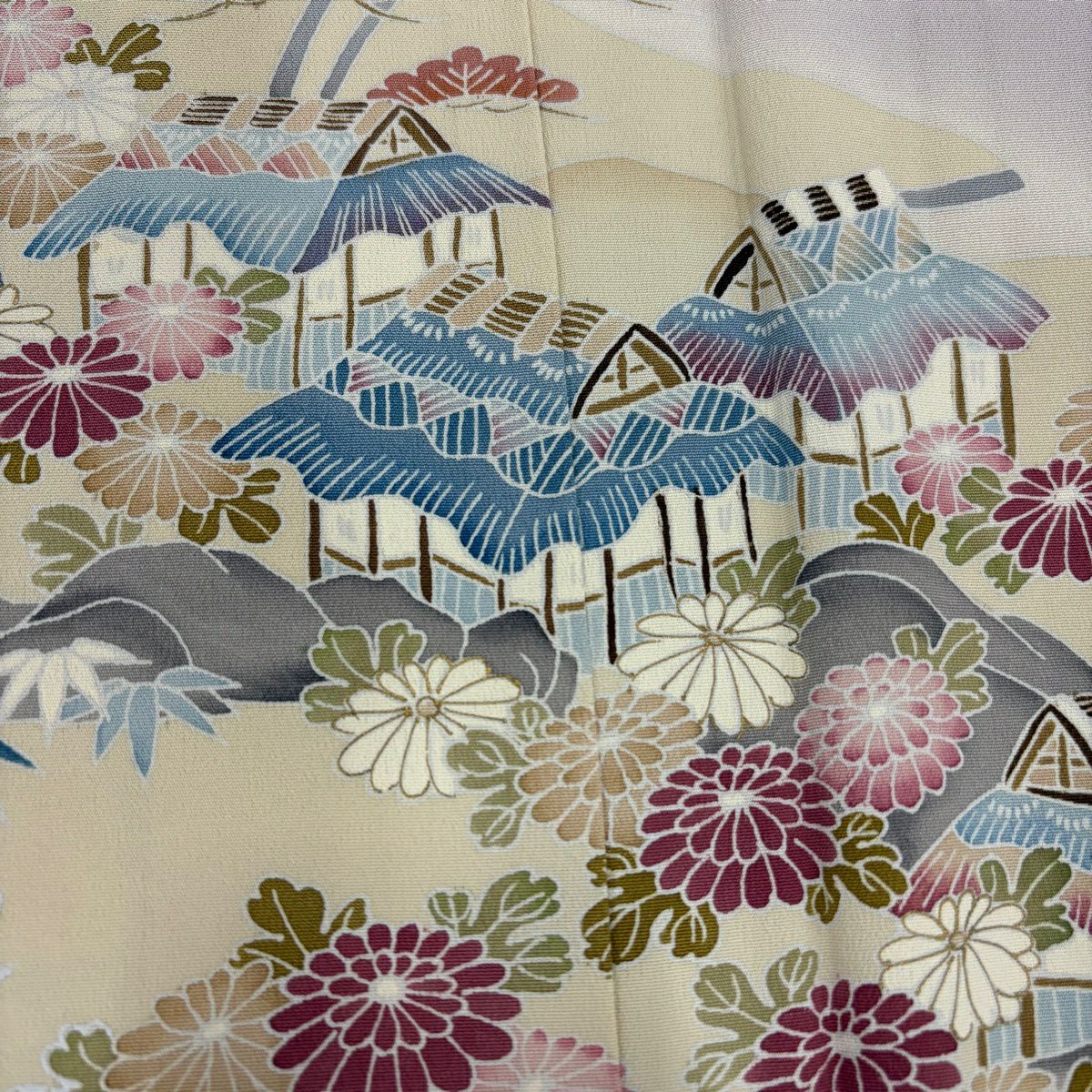 色留袖禮服 身長159.5cm 袖長64.5cm M 雙層 落款あり 風景 松樹竹子梅花 漸層 灰紫 純蠶絲 秀品級 一つ紋