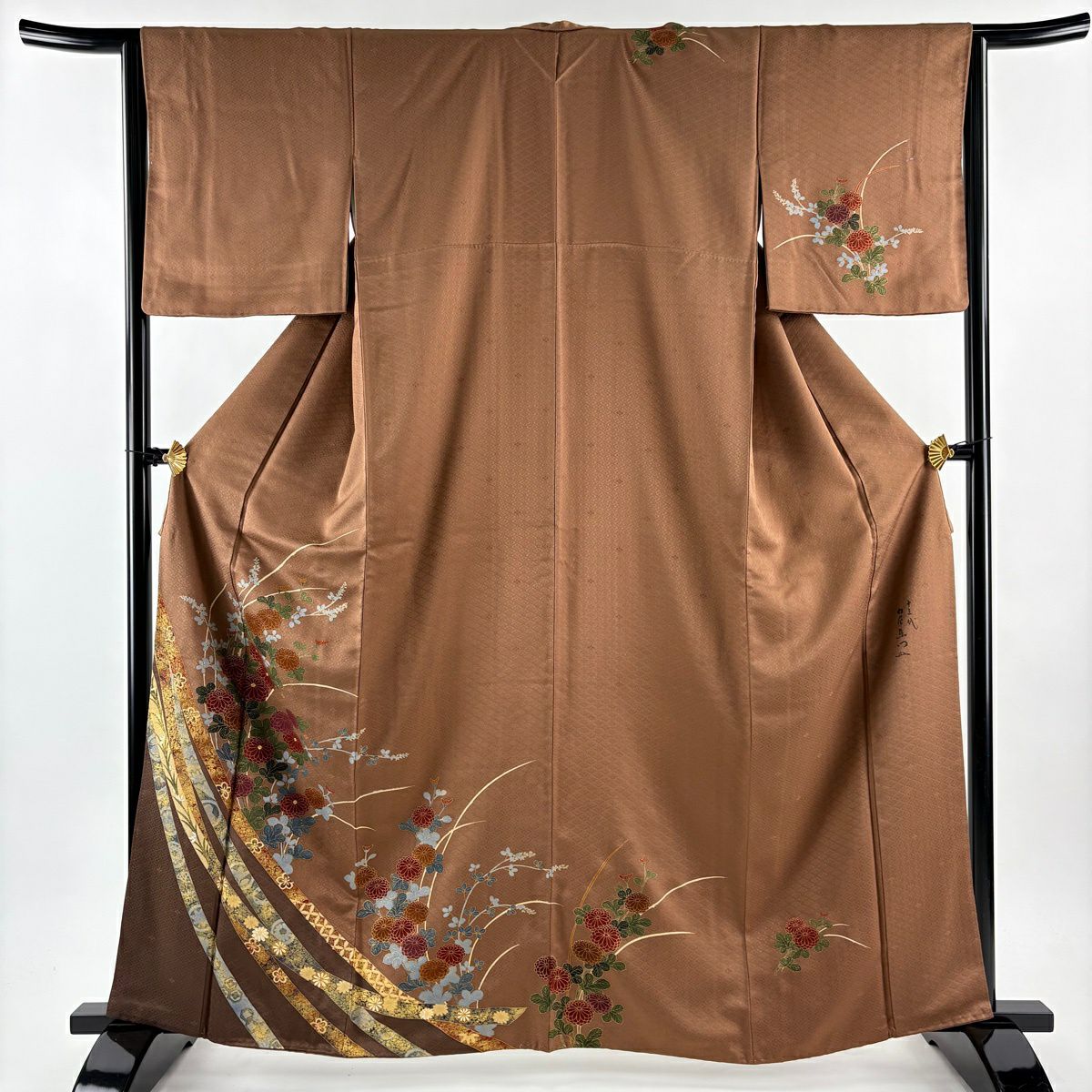 訪問服 身長164cm 袖長63.5cm S 雙層 落款有 菊花 蔓帶 金絲 金銀彩 茶 純蠶絲 秀品級