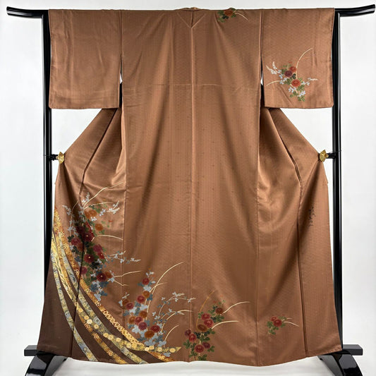 訪問服 身長164cm 袖長63.5cm S 雙層 落款有 菊花 蔓帶 金絲 金銀彩 茶 純蠶絲 秀品級