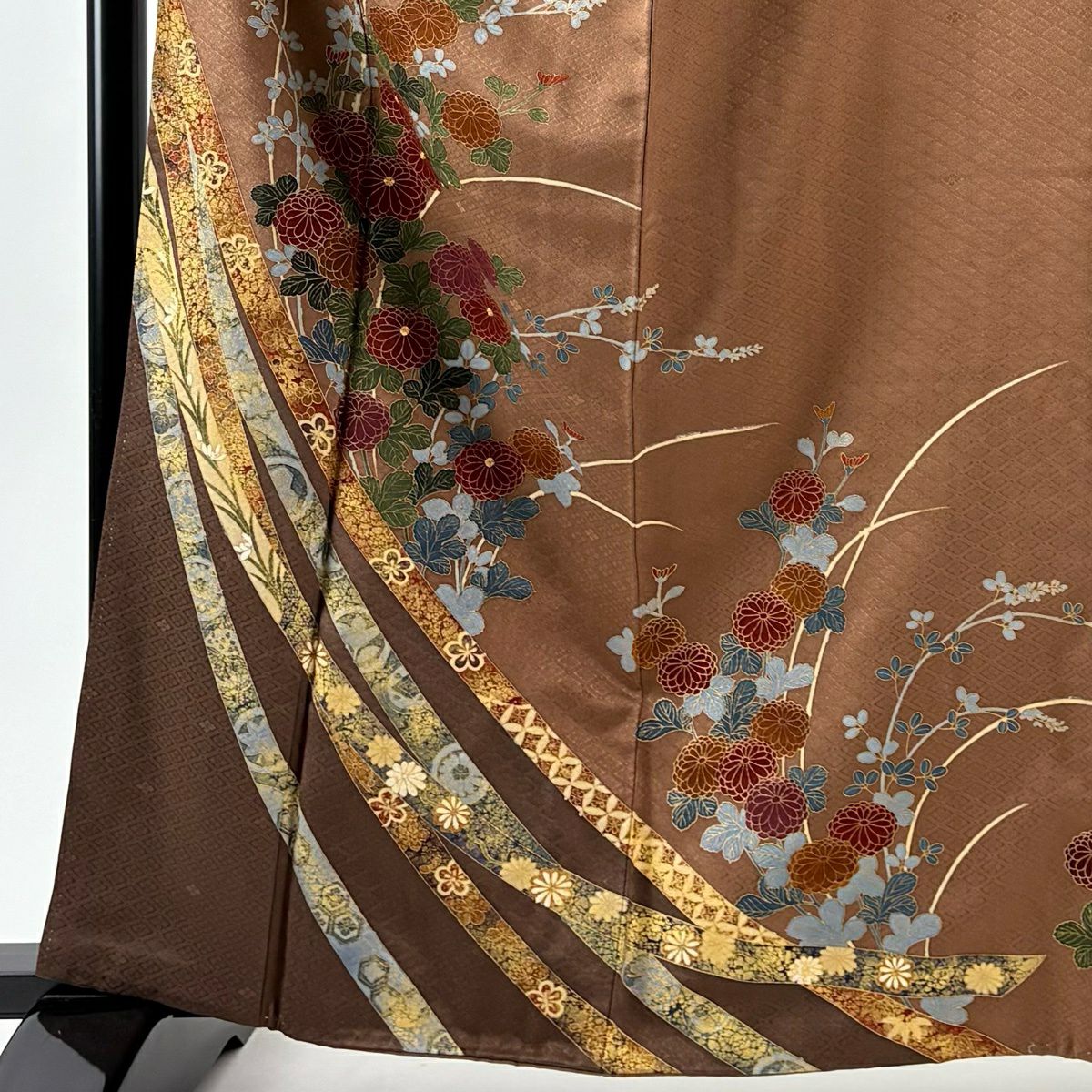 訪問服 身長164cm 袖長63.5cm S 雙層 落款有 菊花 蔓帶 金絲 金銀彩 茶 純蠶絲 秀品級