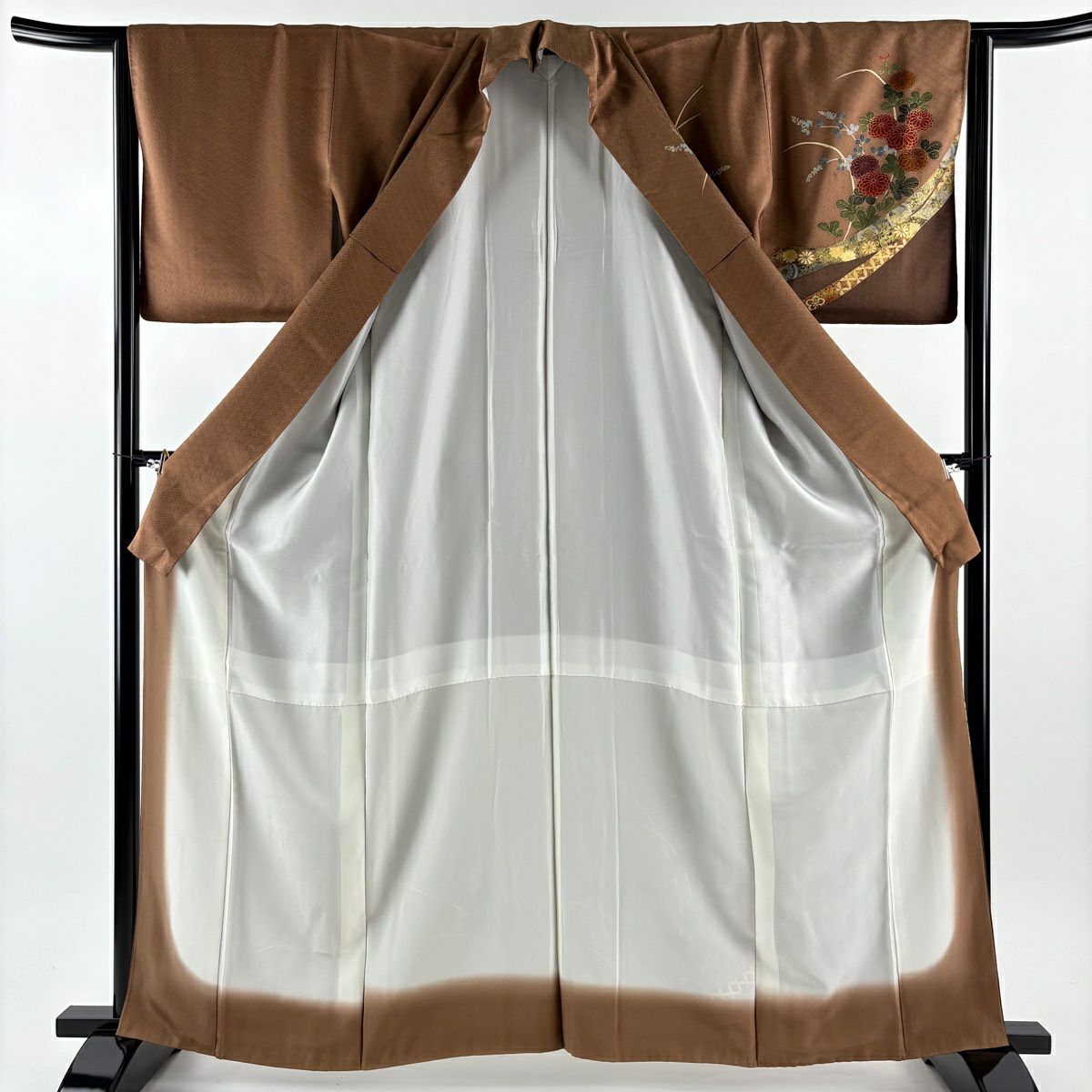 訪問服 身長164cm 袖長63.5cm S 雙層 落款有 菊花 蔓帶 金絲 金銀彩 茶 純蠶絲 秀品級