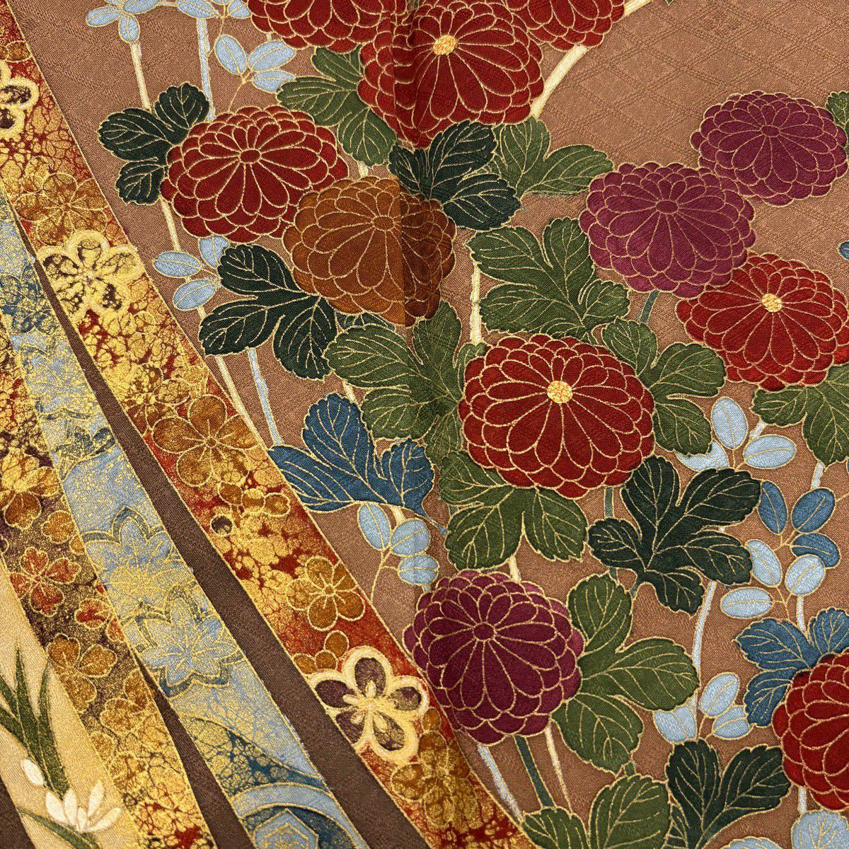 訪問服 身長164cm 袖長63.5cm S 雙層 落款有 菊花 蔓帶 金絲 金銀彩 茶 純蠶絲 秀品級