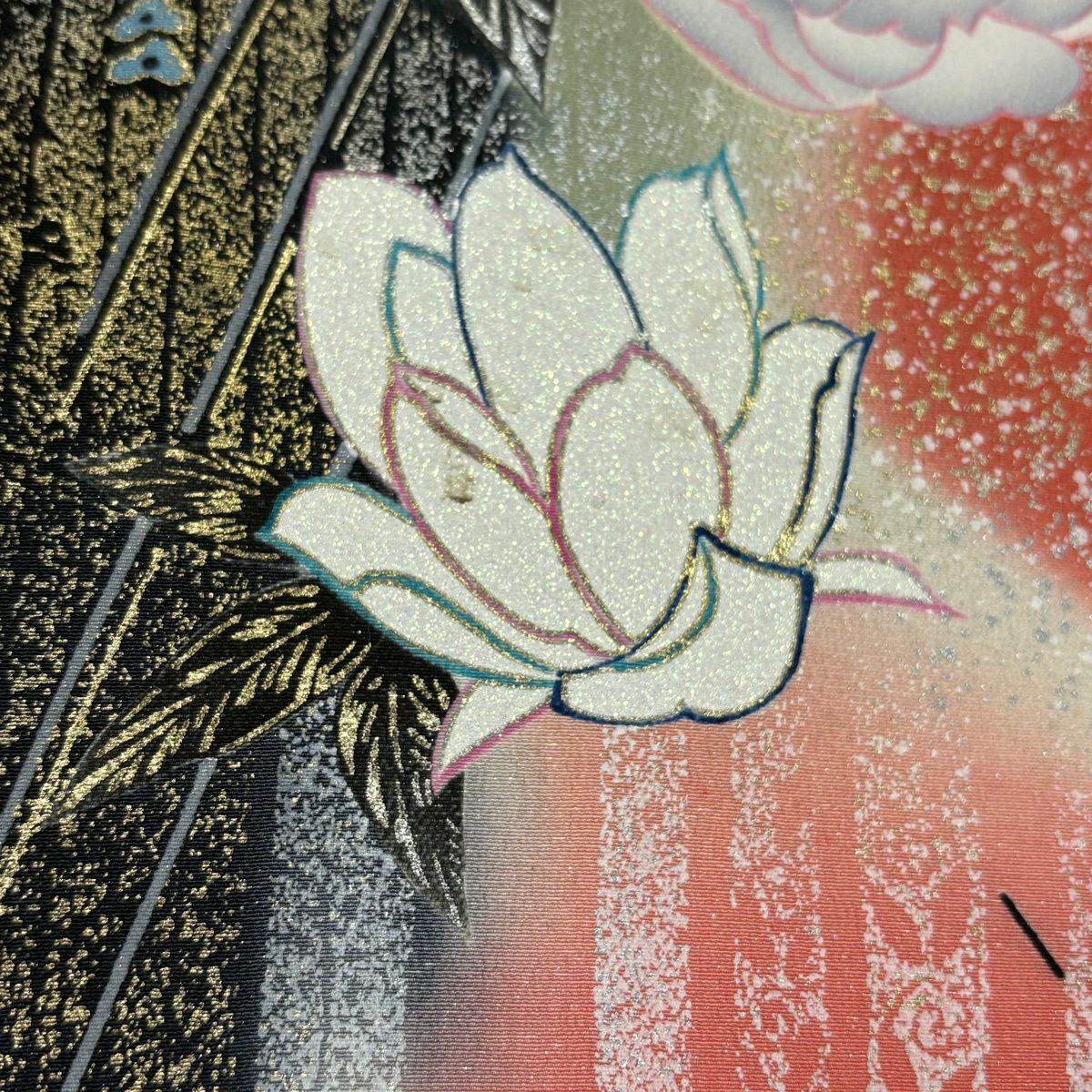 振袖禮服 身長156.5cm 袖長62.5cm S 雙層 落款 草花紋 金銀彩 染分 茜 純蠶絲 秀品級