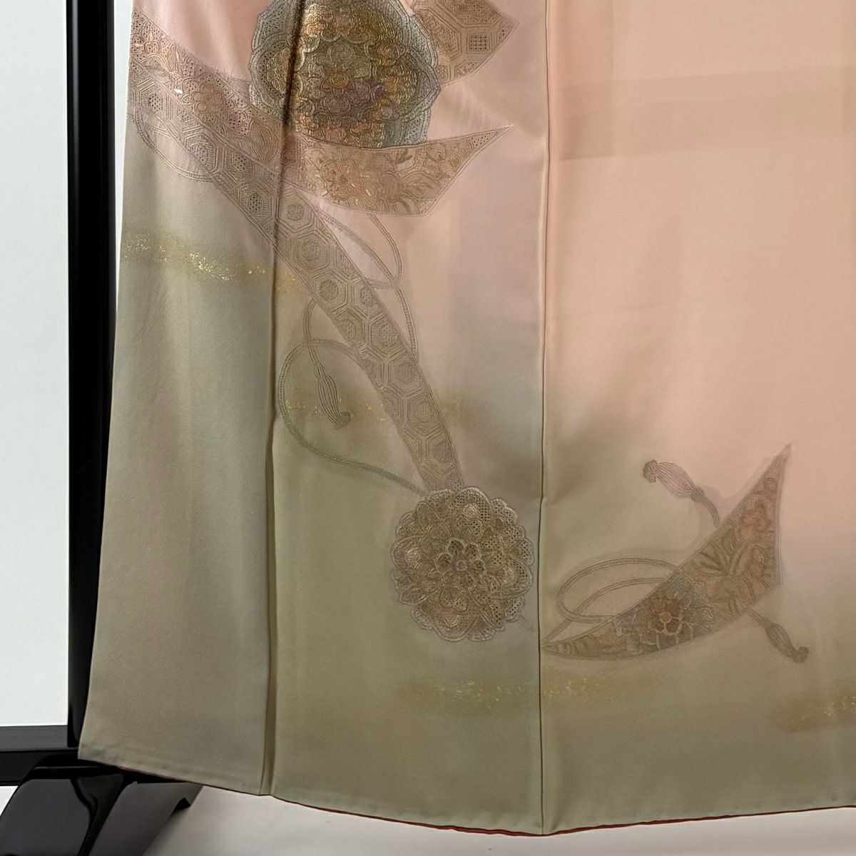 付下 身長164.5cm 袖長64cm M 雙層 鏡裏文 熨斗紋 刺繡 金銀彩 粉紅 純蠶絲 秀品級
