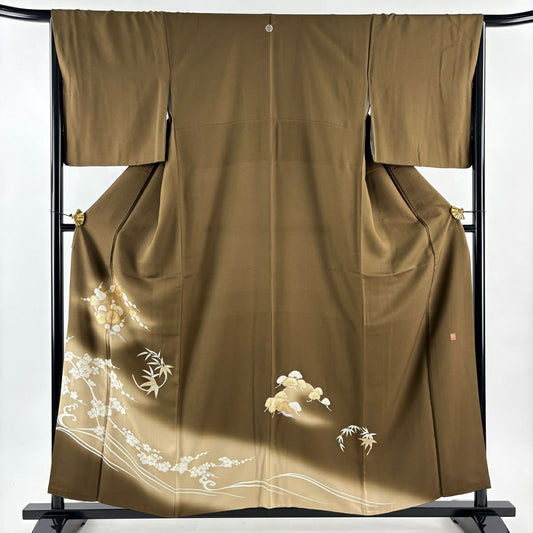 【美品】 留袖禮服禮服 身長158cm 袖長66cm M 雙層 落款あり 花丸紋 松樹竹子梅花 金絲 金銀彩 茶 純蠶絲 秀品級 一つ紋