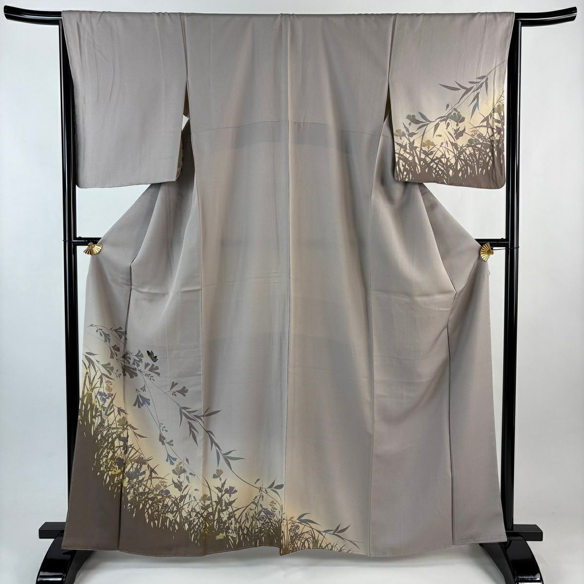 付下 身長164.5cm 袖長65cm M 雙層 蝶 草花紋紋 金銀彩 染分 灰紫 純蠶絲 秀品級
