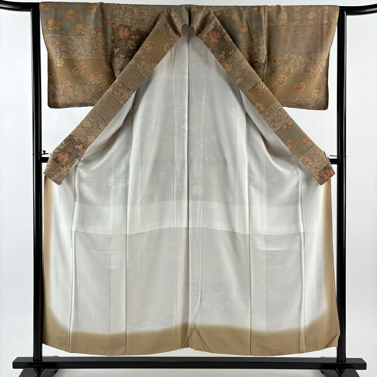 【美品】 小紋 身長156cm 袖長63cm S 雙層 雪輪 草花紋 薄茶 純蠶絲 秀品級