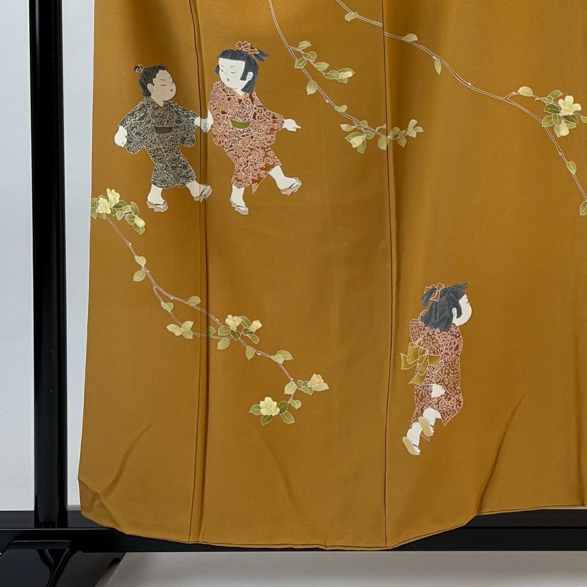 訪問服 身長157cm 袖長65.5cm M 雙層 關口遼一 落款 童 枝花 山吹 純蠶絲 優品級