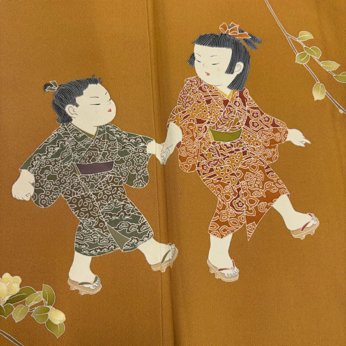 訪問服 身長157cm 袖長65.5cm M 雙層 關口遼一 落款 童 枝花 山吹 純蠶絲 優品級