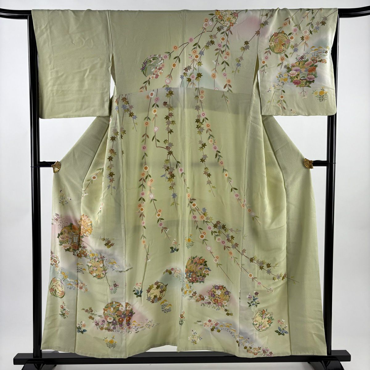 訪問服 身長154cm 袖長65cm M 雙層 御所車 花丸紋 金絲 金銀彩 淺綠 純蠶絲 名品級