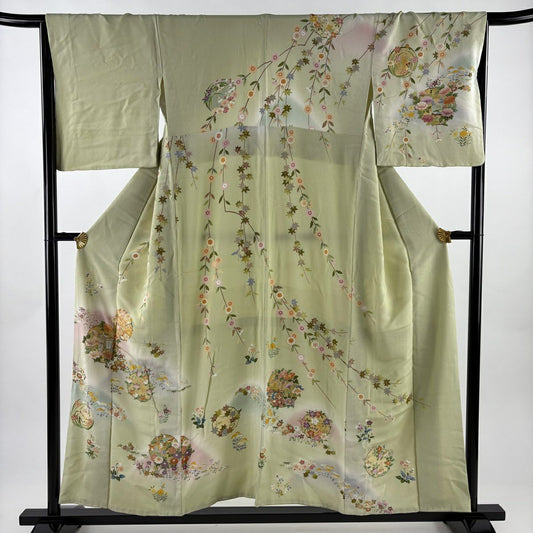 訪問服 身長154cm 袖長65cm M 雙層 御所車 花丸紋 金絲 金銀彩 淺綠 純蠶絲 名品級