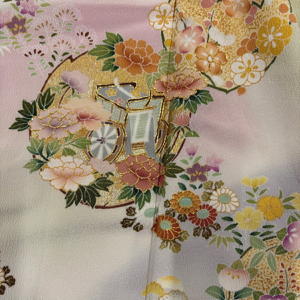 訪問服 身長154cm 袖長65cm M 雙層 御所車 花丸紋 金絲 金銀彩 淺綠 純蠶絲 名品級