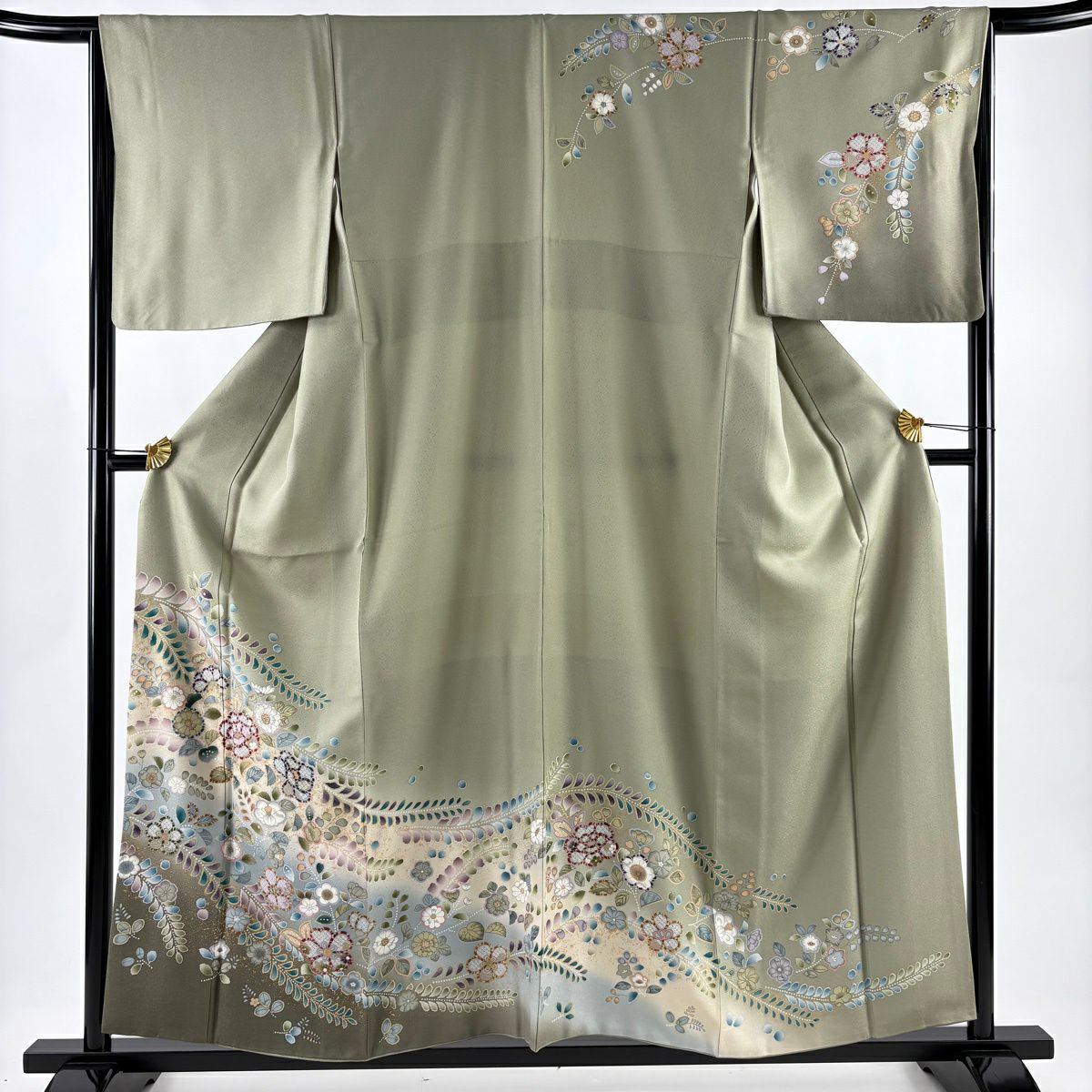 訪問服 身長157cm 袖長65cm M 雙層 草花紋紋 金彩裝飾 漸層 灰綠 純蠶絲 名品級