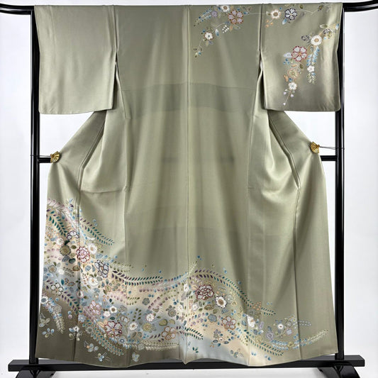 訪問服 身長157cm 袖長65cm M 雙層 草花紋紋 金彩裝飾 漸層 灰綠 純蠶絲 名品級