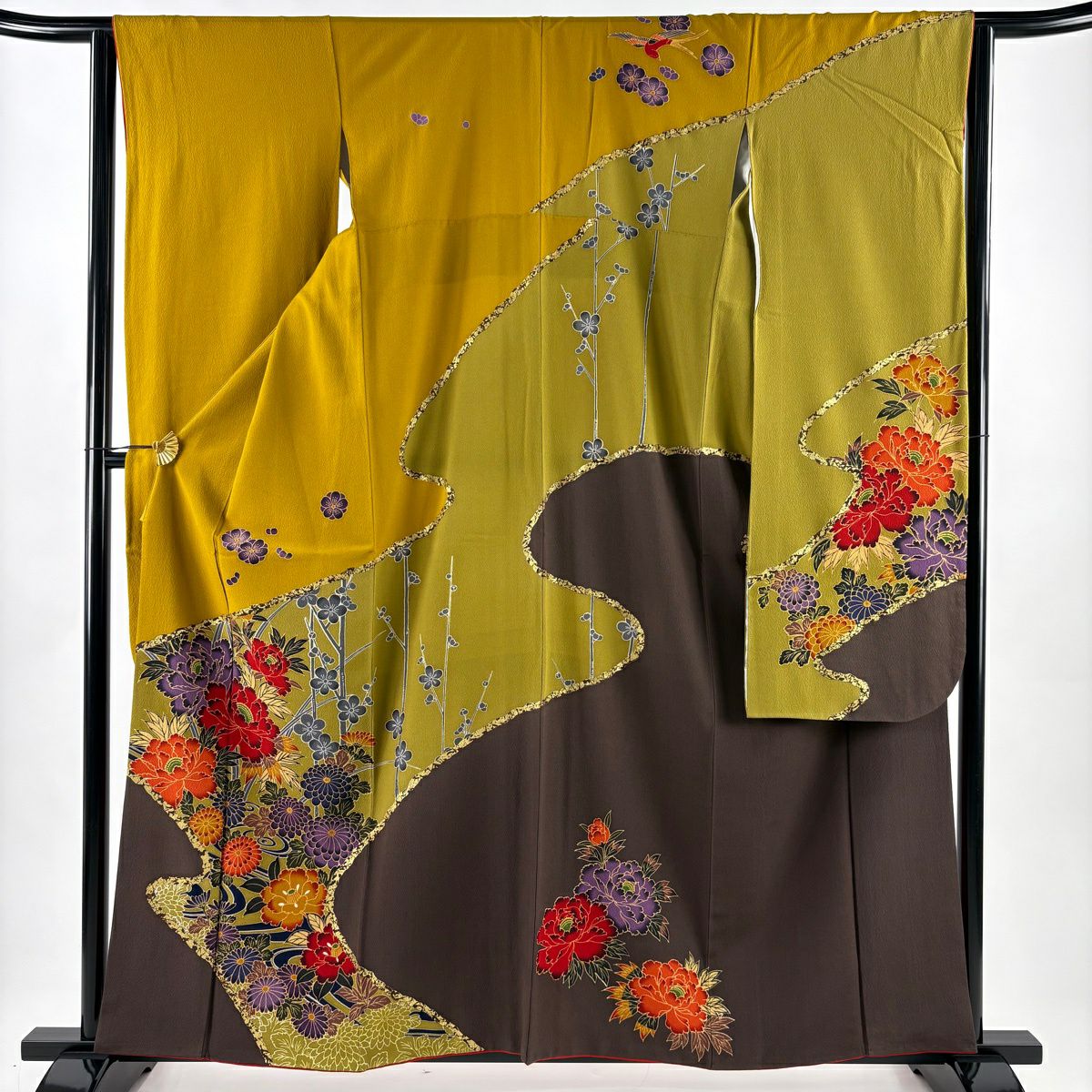 振袖禮服 身長159cm 袖長63.5cm S 雙層 牡丹 枝梅花 金銀彩 染分 山吹 純蠶絲 名品級