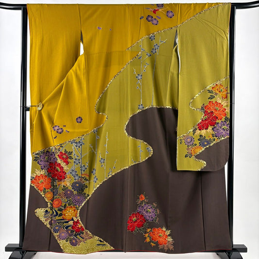 振袖禮服 身長159cm 袖長63.5cm S 雙層 牡丹 枝梅花 金銀彩 染分 山吹 純蠶絲 名品級