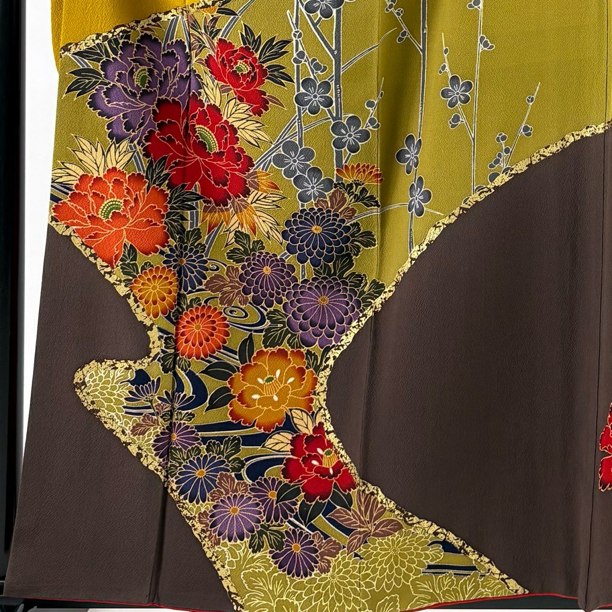 振袖禮服 身長159cm 袖長63.5cm S 雙層 牡丹 枝梅花 金銀彩 染分 山吹 純蠶絲 名品級