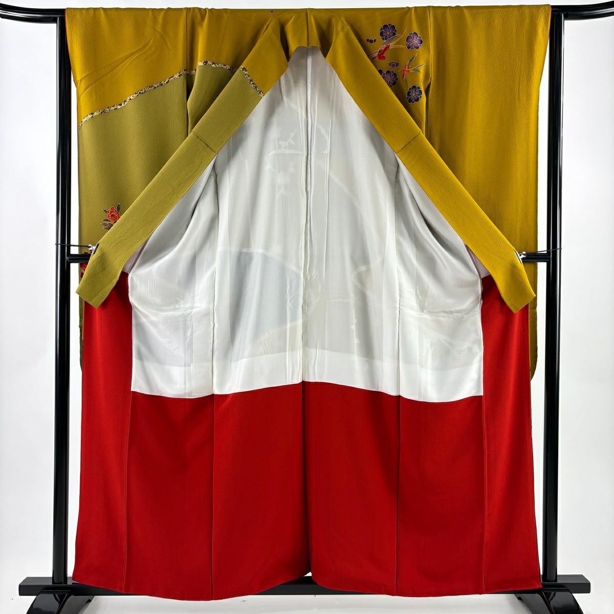 振袖禮服 身長159cm 袖長63.5cm S 雙層 牡丹 枝梅花 金銀彩 染分 山吹 純蠶絲 名品級