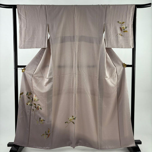 【美品】 付下 身長161.5cm 袖長63cm S 雙層 葉柄 實 螺鈿 金銀彩 淺粉色 純蠶絲 名品級