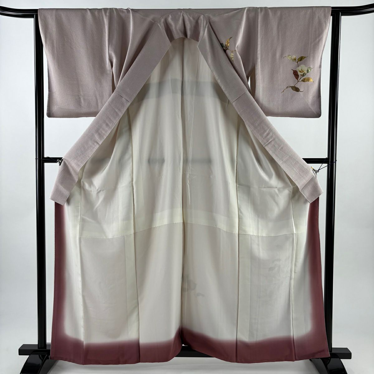 【美品】 付下 身長161.5cm 袖長63cm S 雙層 葉柄 實 螺鈿 金銀彩 淺粉色 純蠶絲 名品級