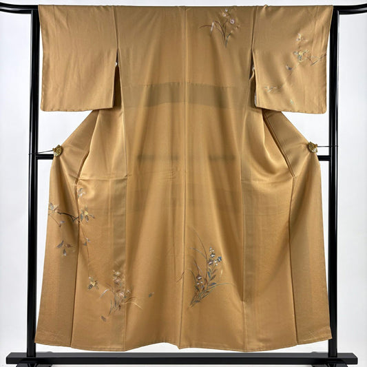 【美品】 付下 身長154cm 袖長64cm M 雙層 葉柄 實 螺鈿 金銀彩 淺茶 純蠶絲 名品級