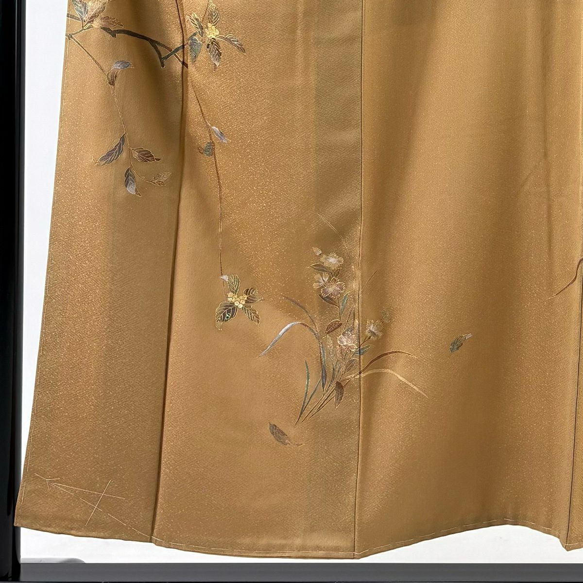 【美品】 付下 身長154cm 袖長64cm M 雙層 葉柄 實 螺鈿 金銀彩 淺茶 純蠶絲 名品級