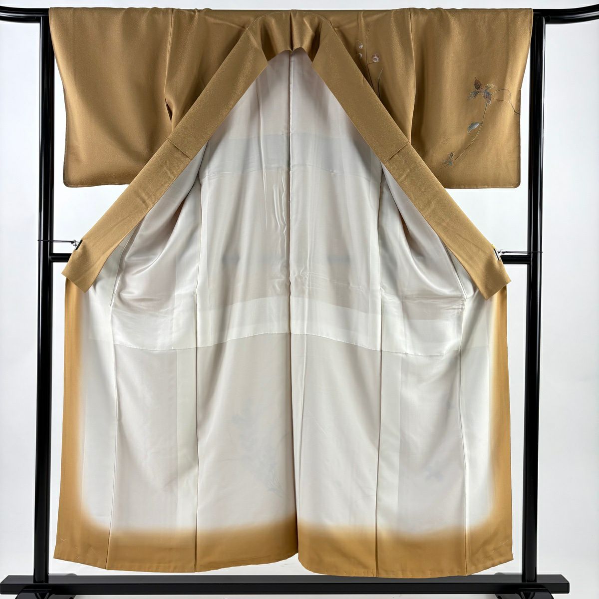 【美品】 付下 身長154cm 袖長64cm M 雙層 葉柄 實 螺鈿 金銀彩 淺茶 純蠶絲 名品級