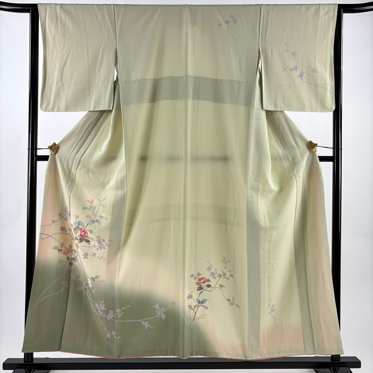 訪問服 身長155cm 袖長64cm M 雙層 椿 枝花 漸層 薄綠 純蠶絲 名品級