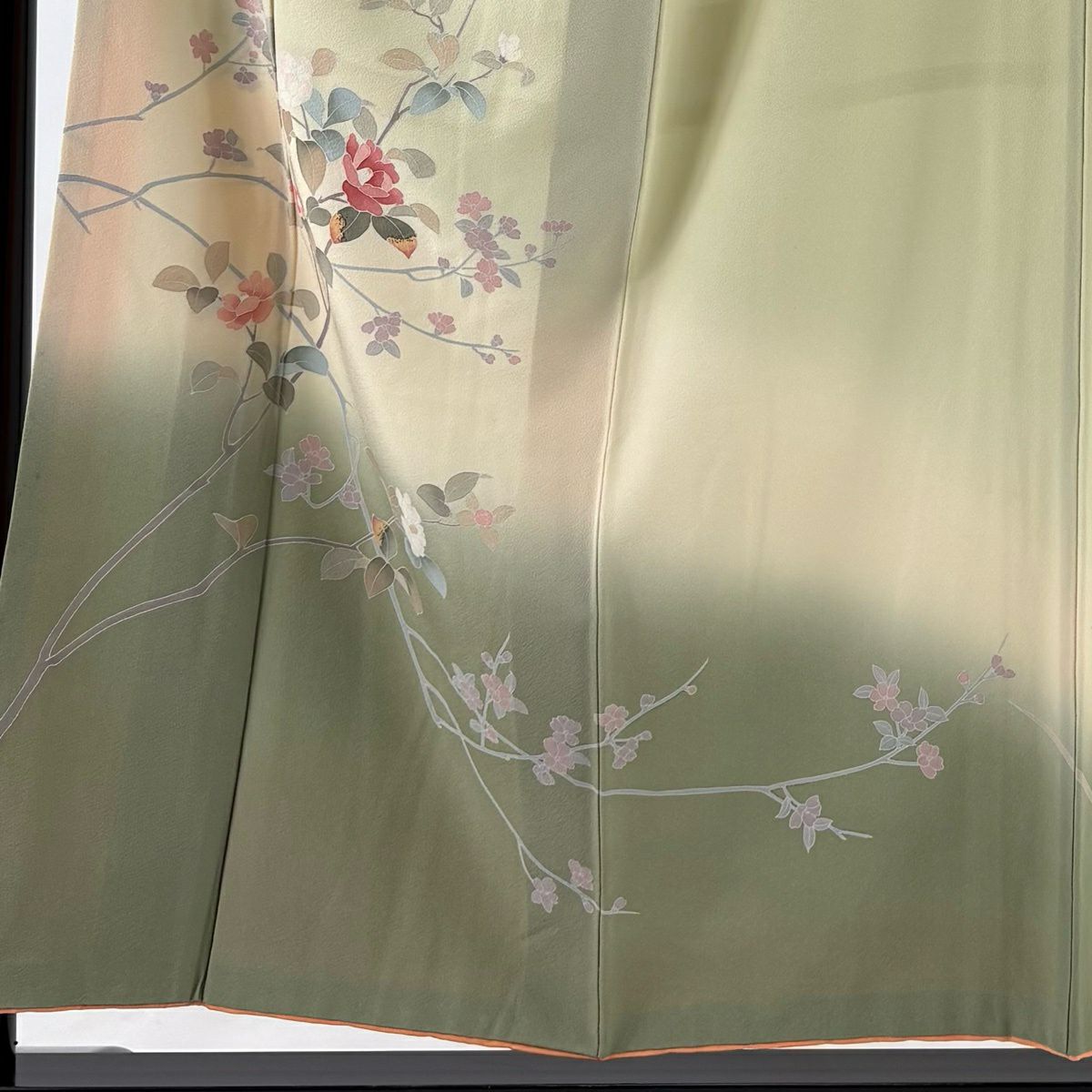 訪問服 身長155cm 袖長64cm M 雙層 椿 枝花 漸層 薄綠 純蠶絲 名品級