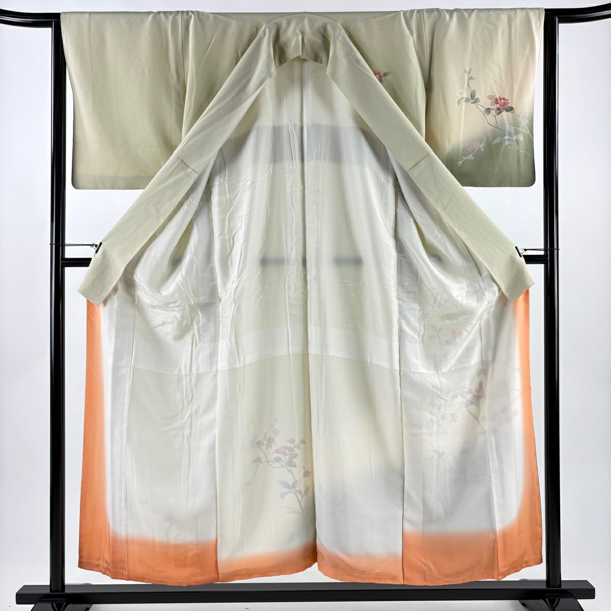 訪問服 身長155cm 袖長64cm M 雙層 椿 枝花 漸層 薄綠 純蠶絲 名品級