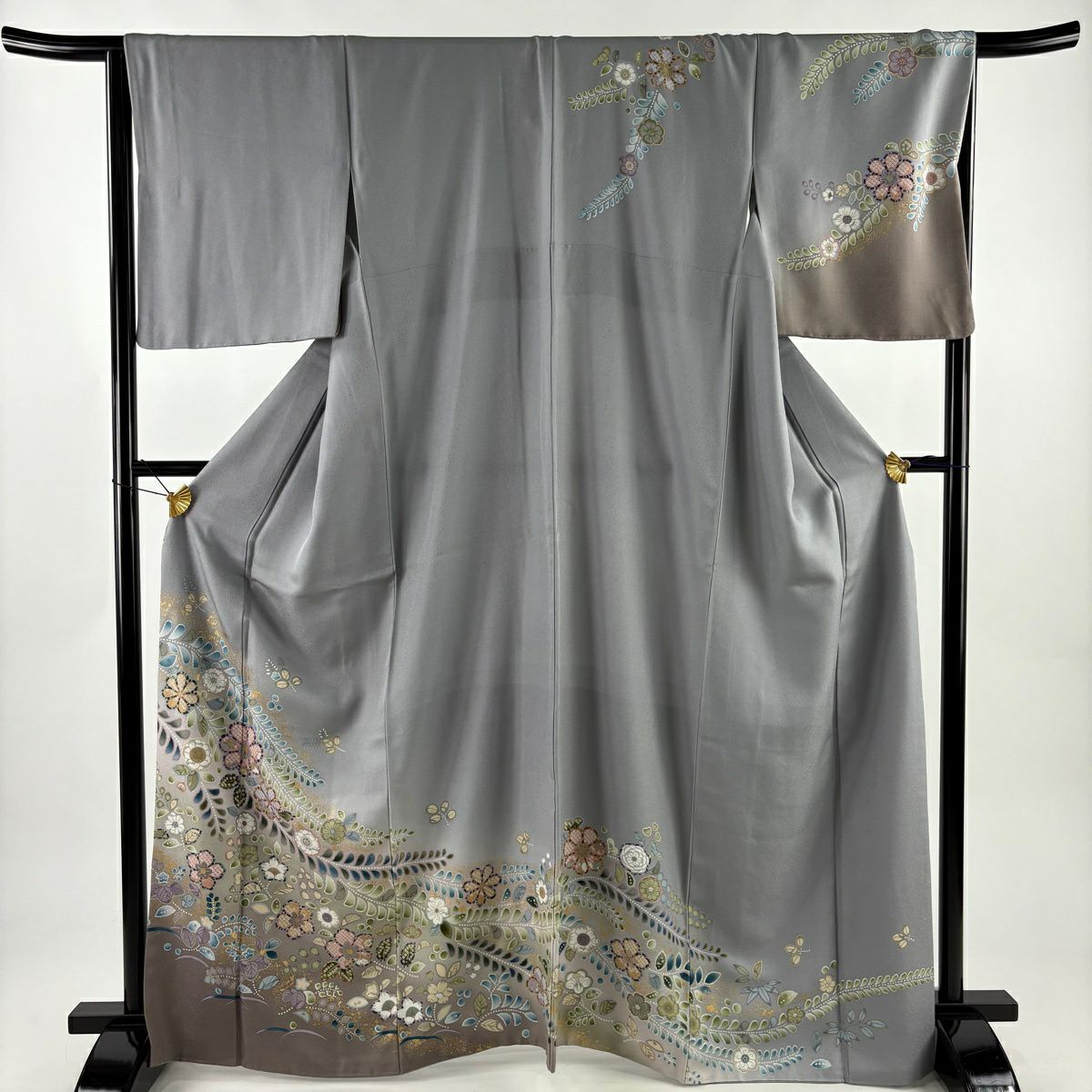 訪問服 身長166.5cm 袖長65.5cm M 雙層 草花紋紋 芝 金銀彩 漸層 灰色 純蠶絲 名品級