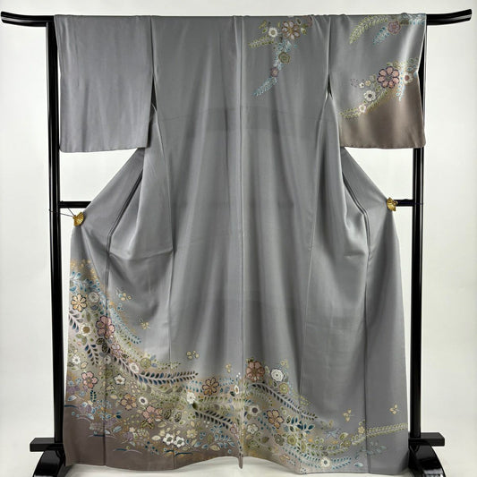 訪問服 身長166.5cm 袖長65.5cm M 雙層 草花紋紋 芝 金銀彩 漸層 灰色 純蠶絲 名品級
