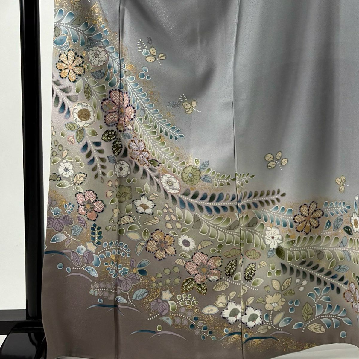 訪問服 身長166.5cm 袖長65.5cm M 雙層 草花紋紋 芝 金銀彩 漸層 灰色 純蠶絲 名品級