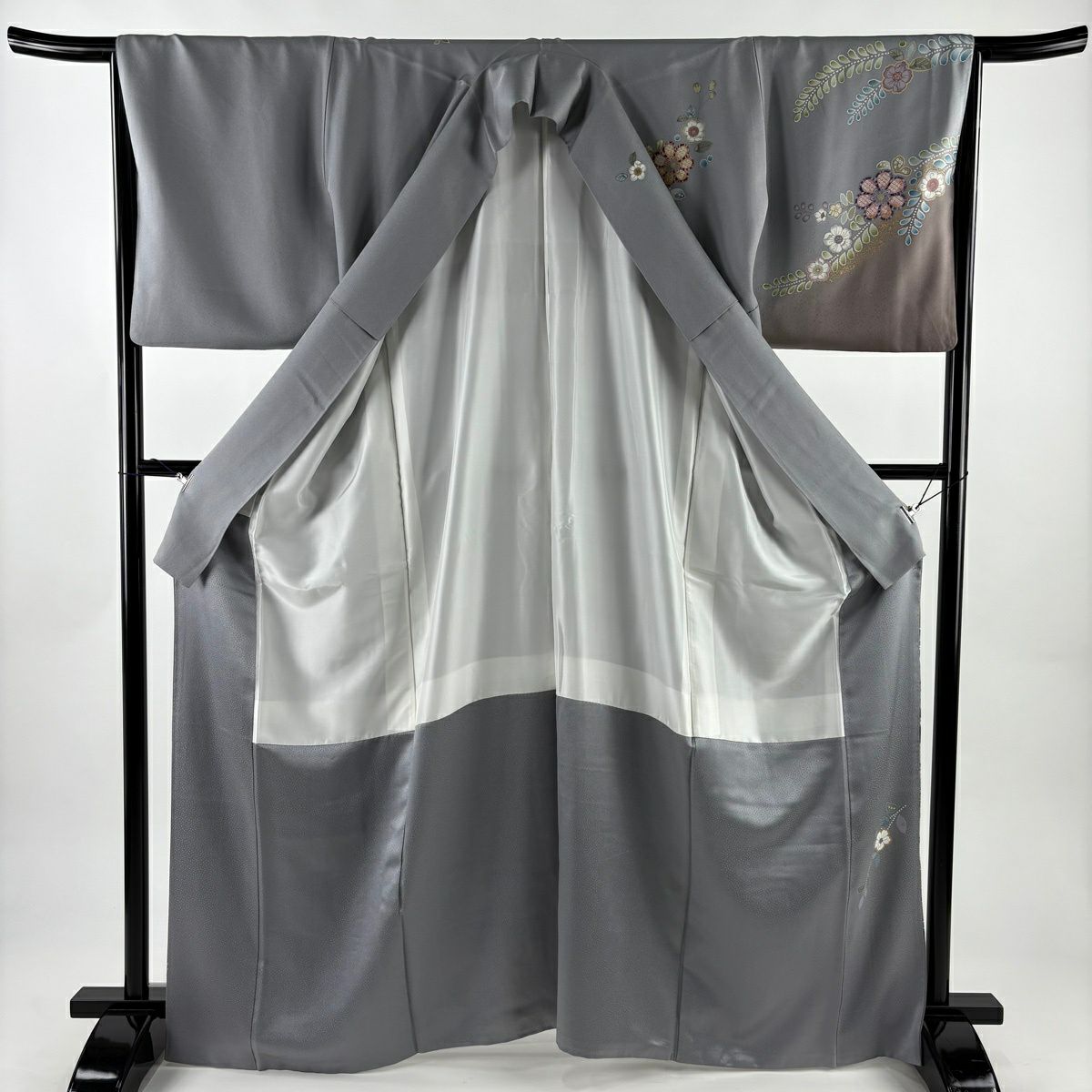 訪問服 身長166.5cm 袖長65.5cm M 雙層 草花紋紋 芝 金銀彩 漸層 灰色 純蠶絲 名品級
