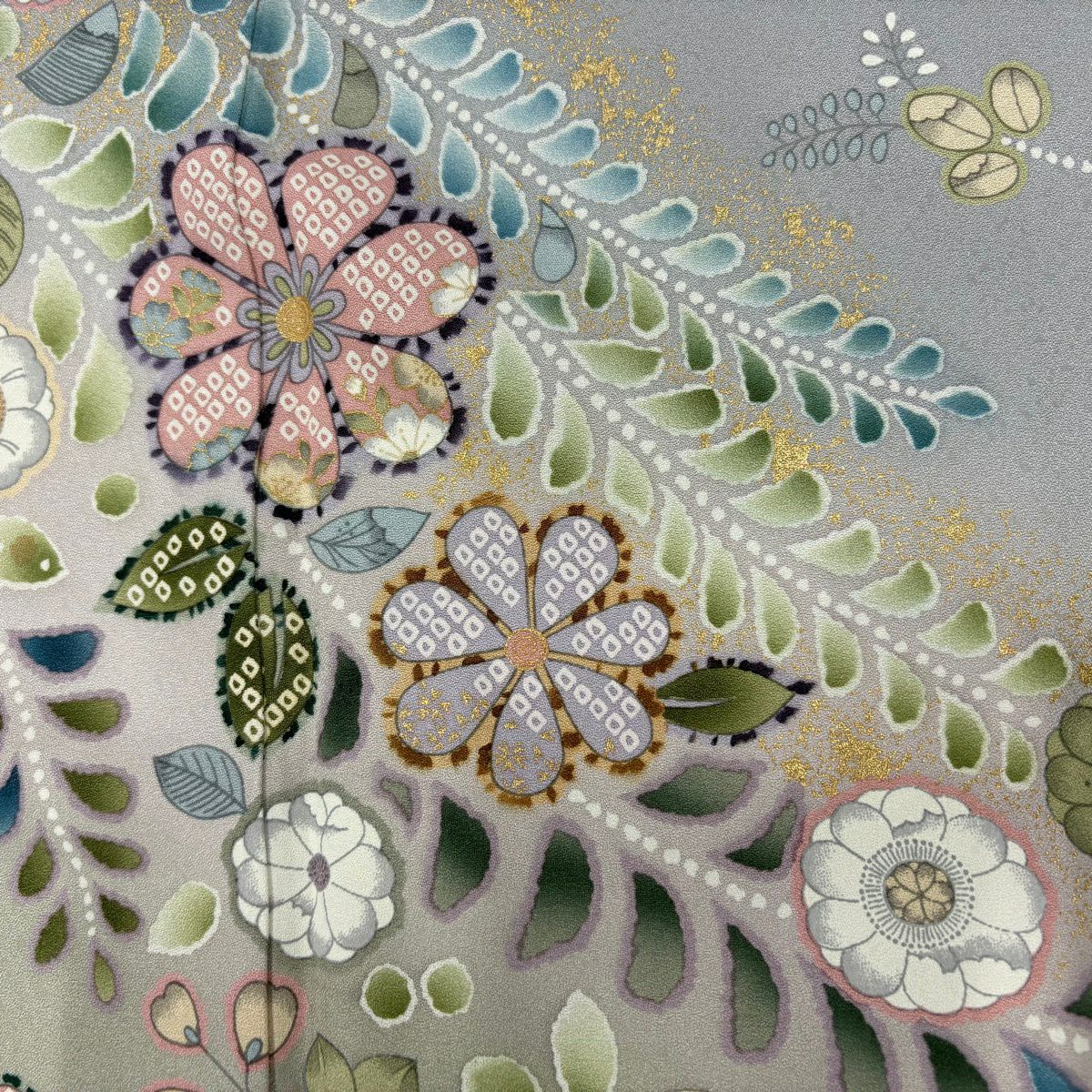 訪問服 身長166.5cm 袖長65.5cm M 雙層 草花紋紋 芝 金銀彩 漸層 灰色 純蠶絲 名品級