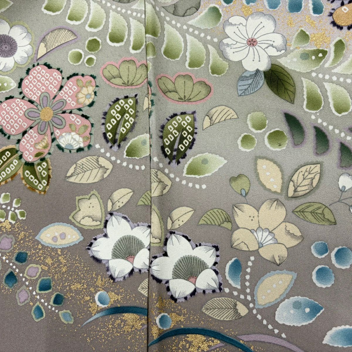 訪問服 身長166.5cm 袖長65.5cm M 雙層 草花紋紋 芝 金銀彩 漸層 灰色 純蠶絲 名品級