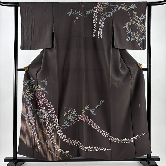 訪問服 身長158.5cm 袖長62cm S 雙層 落款有 草花紋紋 竹子垣 茶紫 純蠶絲 名品級 一つ紋
