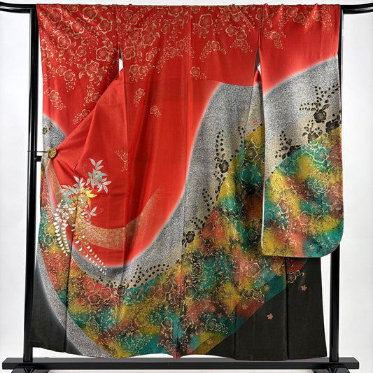 【美品】振袖禮服 身長155cm 袖長65cm M 雙層 藤 辻花染 金通 金絲 朱 純蠶絲 名品級