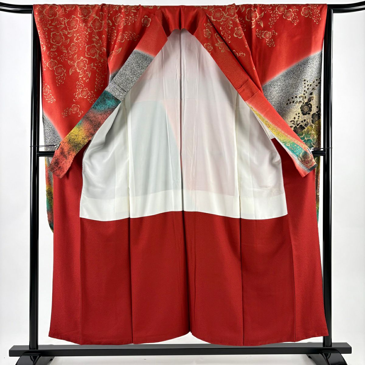 【美品】振袖禮服 身長155cm 袖長65cm M 雙層 藤 辻花染 金通 金絲 朱 純蠶絲 名品級