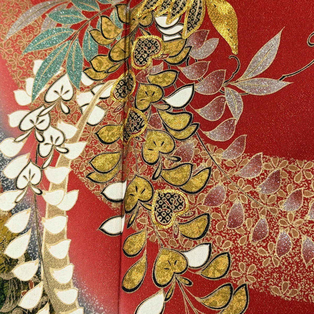 【美品】振袖禮服 身長155cm 袖長65cm M 雙層 藤 辻花染 金通 金絲 朱 純蠶絲 名品級