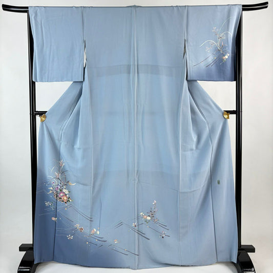 付下 身長167.5cm 袖長66.5cm M 雙層 岡本幸治 落款あり 花籠 葉與果實 漸層 染分 水藍色 純蠶絲 名品級