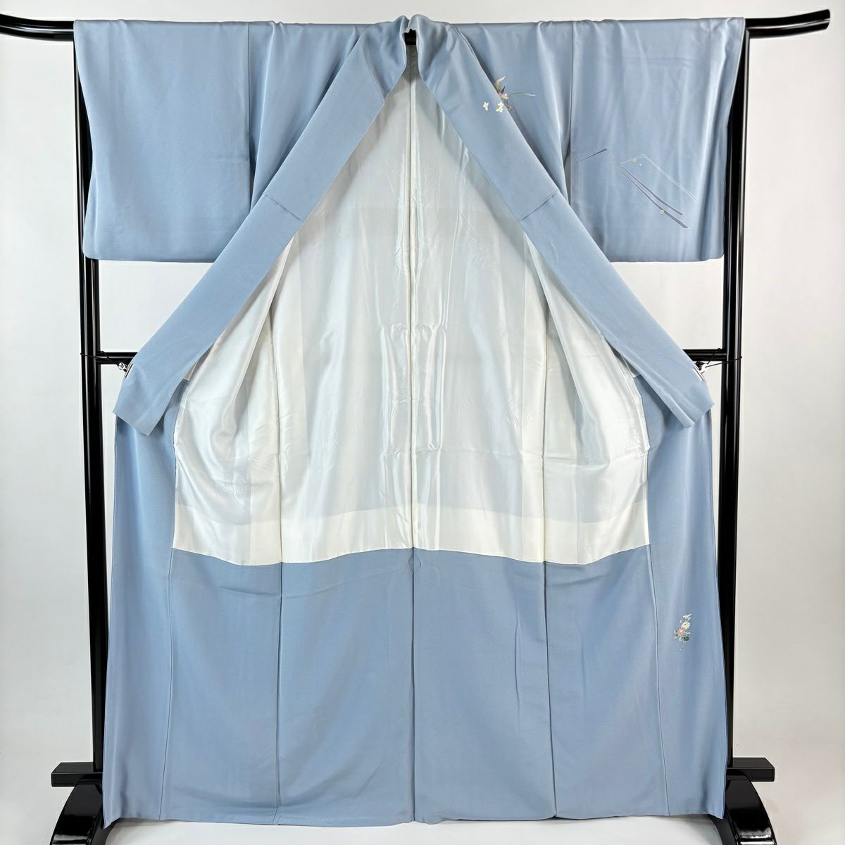 付下 身長167.5cm 袖長66.5cm M 雙層 岡本幸治 落款あり 花籠 葉與果實 漸層 染分 水藍色 純蠶絲 名品級