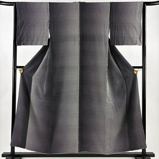 【美品】 小紋 身長154cm 袖長64cm M 雙層 斜條紋 漸層 黑灰 純蠶絲 名品級