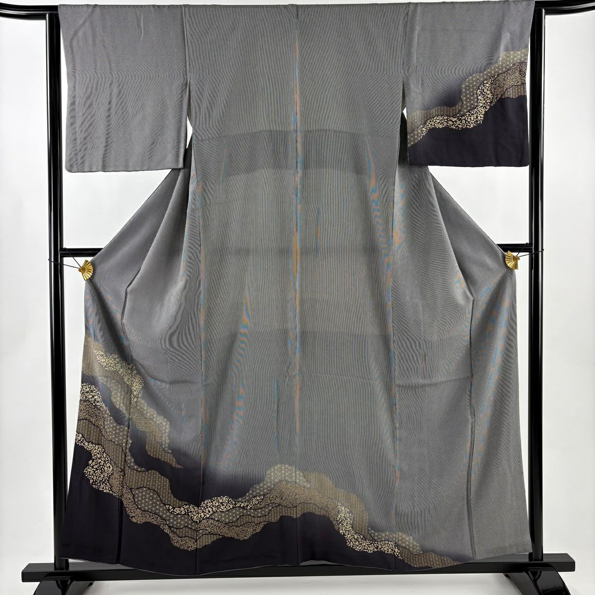 【美品】 付下 身長158cm 袖長63.5cm S 雙層 縱條 草花紋紋 漸層 黑灰 純蠶絲 名品級
