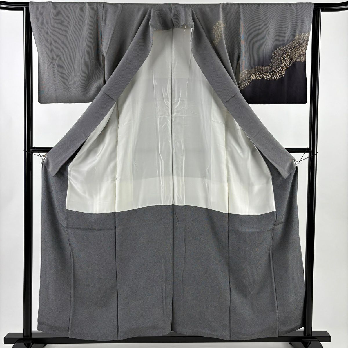 【美品】 付下 身長158cm 袖長63.5cm S 雙層 縱條 草花紋紋 漸層 黑灰 純蠶絲 名品級