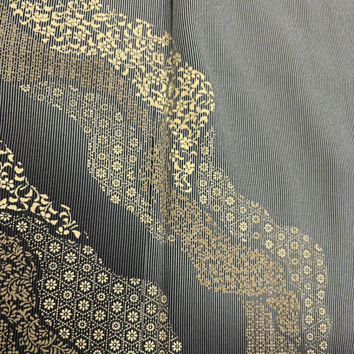 【美品】 付下 身長158cm 袖長63.5cm S 雙層 縱條 草花紋紋 漸層 黑灰 純蠶絲 名品級