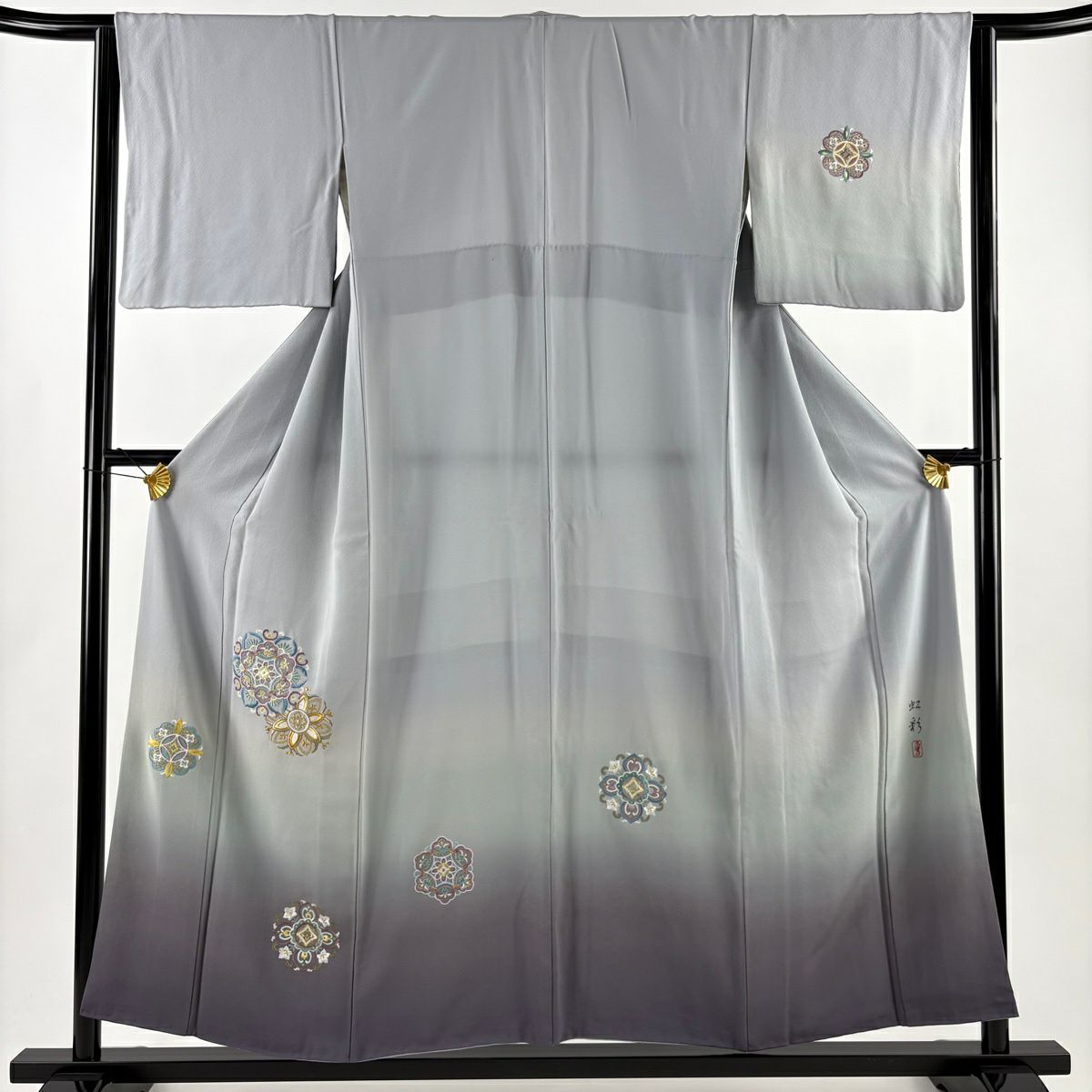 付下 身長154.5cm 袖長63cm S 雙層 落款 華紋 刺繡 金銀彩 青灰 純蠶絲 名品級