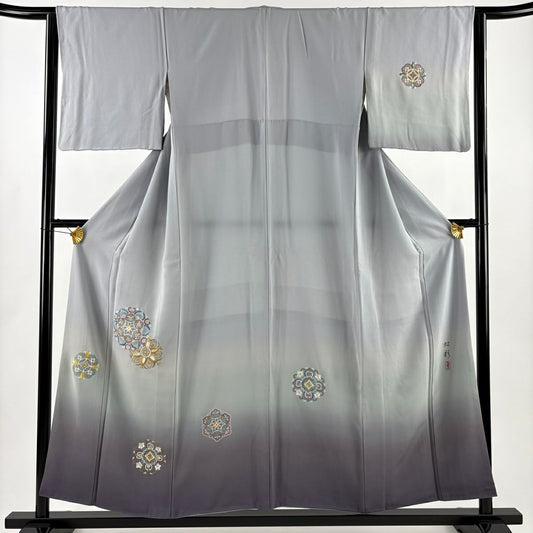 付下 身長154.5cm 袖長63cm S 雙層 落款 華紋 刺繡 金銀彩 青灰 純蠶絲 名品級