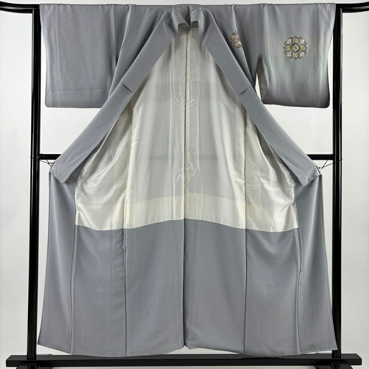 付下 身長154.5cm 袖長63cm S 雙層 落款 華紋 刺繡 金銀彩 青灰 純蠶絲 名品級
