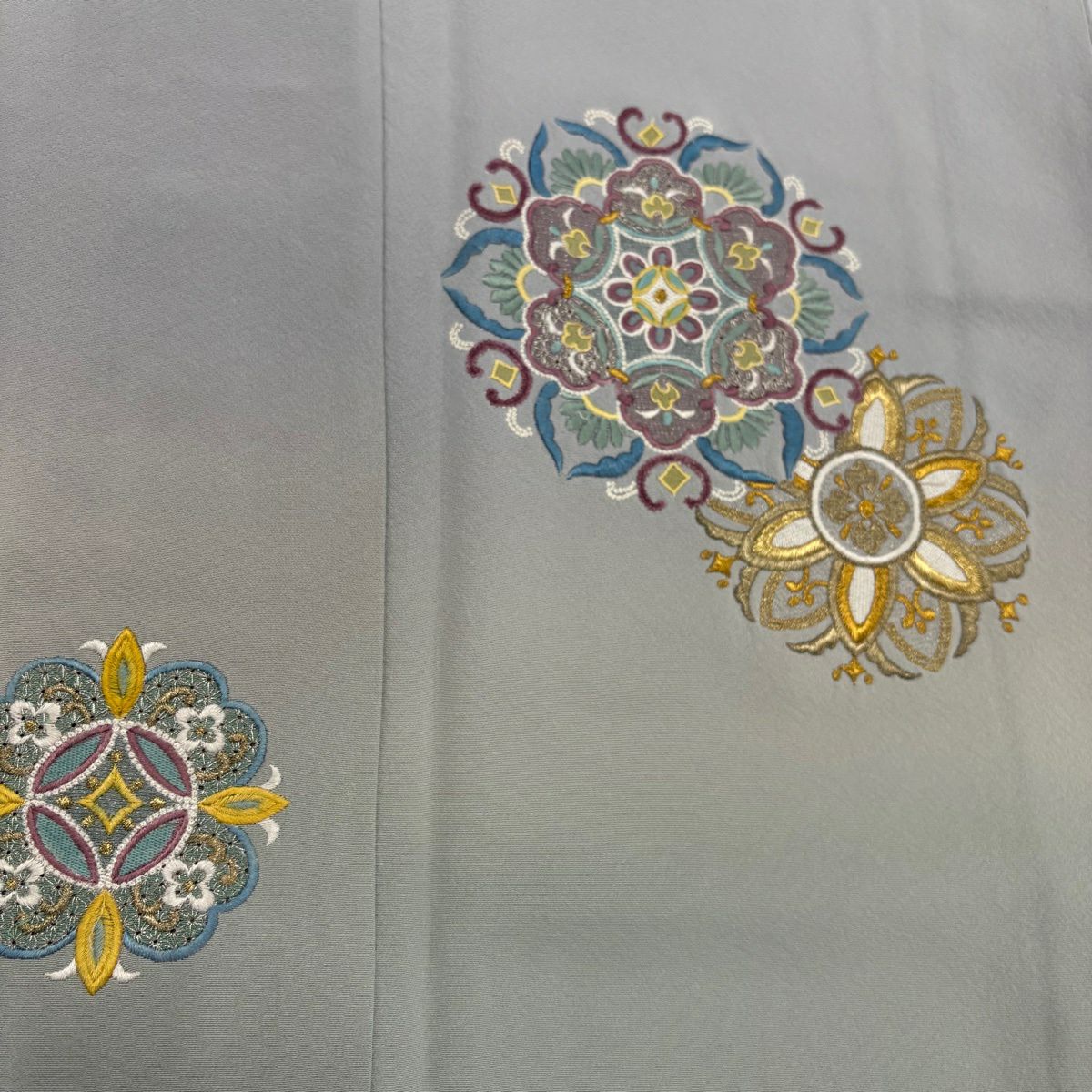 付下 身長154.5cm 袖長63cm S 雙層 落款 華紋 刺繡 金銀彩 青灰 純蠶絲 名品級